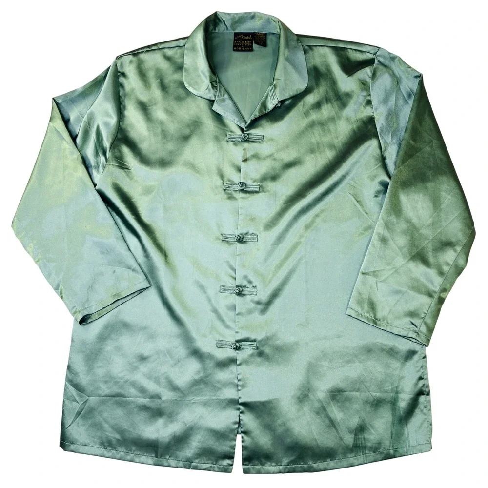 Signature Club A Adrienne Satin Pajama Top Sage Green Frog Button M/L Loungewear